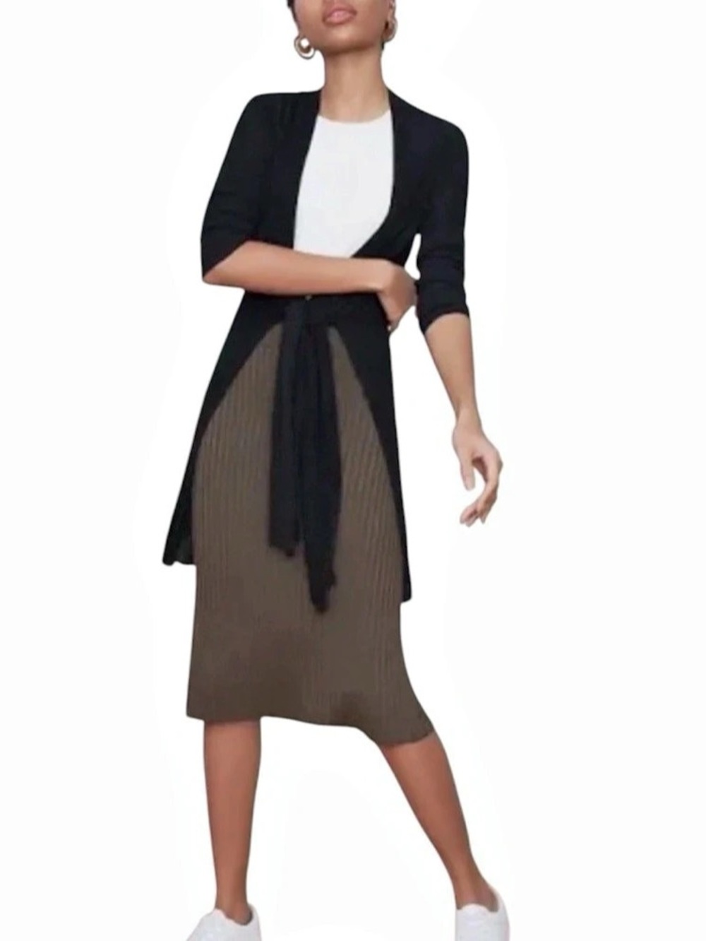 MM.LaFleur Black Textured Ribbed Open Front Side Slit Longline Cardigan